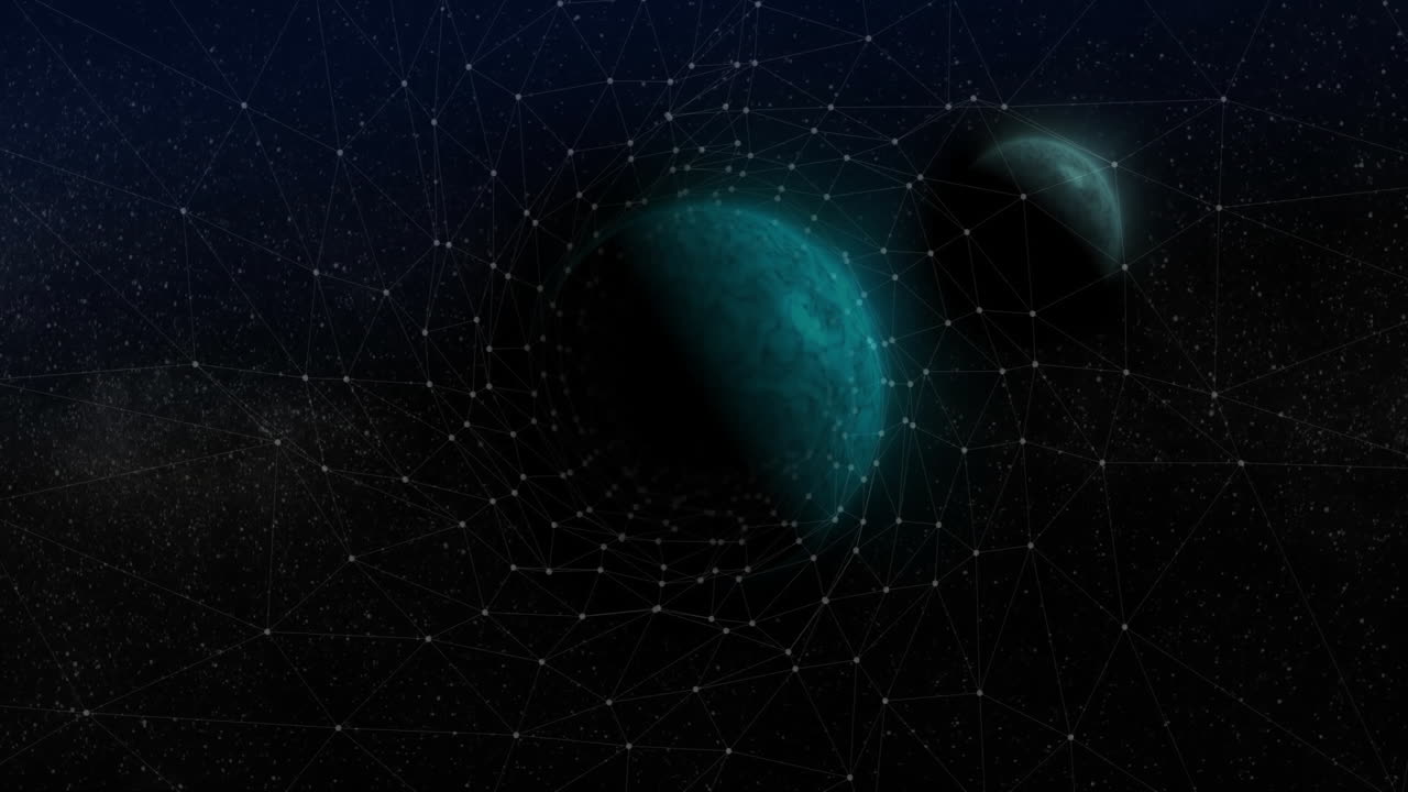 Planets surrounded by network of connections and data processing animation in space