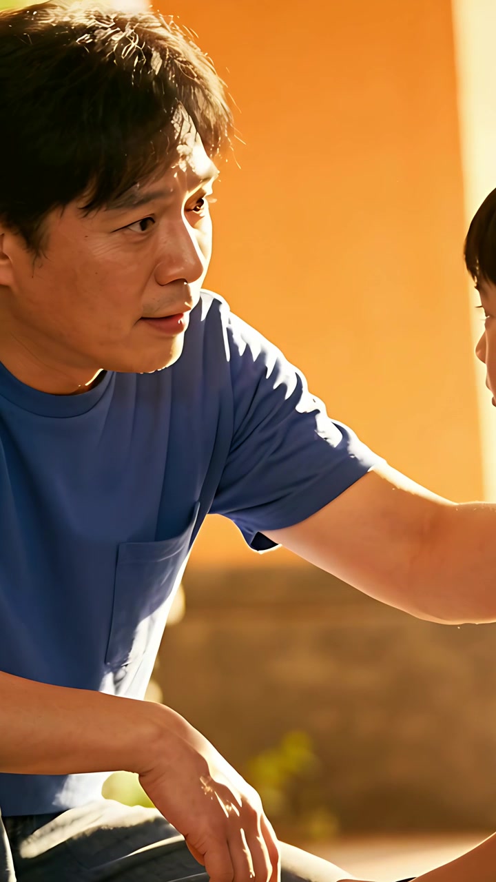 縦型動画：自宅のオレンジ色の壁のそばで、青いTシャツの男性が膝をつき、赤いトップスを着た子供をなだめながら腕を支える