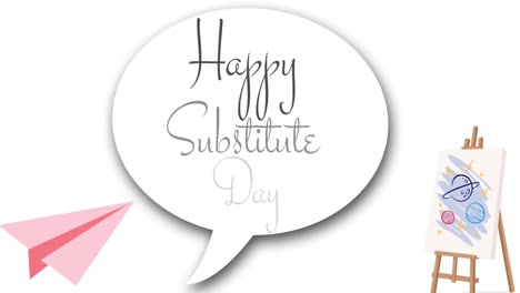 Animation-of-happy-substitute-day-text-over-school-icons-on-white-background