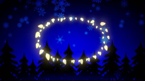 Animation-of-fairy-light-frame-with-copy-space-over-fir-trees-and-winter-scenery