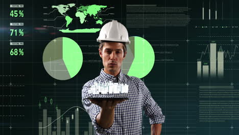 procesamiento de datos estadísticos contra arquitecto masculino que posee un modelo digital de ciudad en 3d
