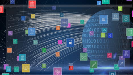 animation of network of digital icons against binary coding over globe and light trails