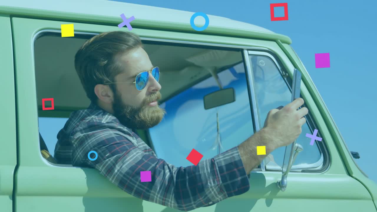 Driver leaning out van holding phone framing travel content shapes rising around him then fading