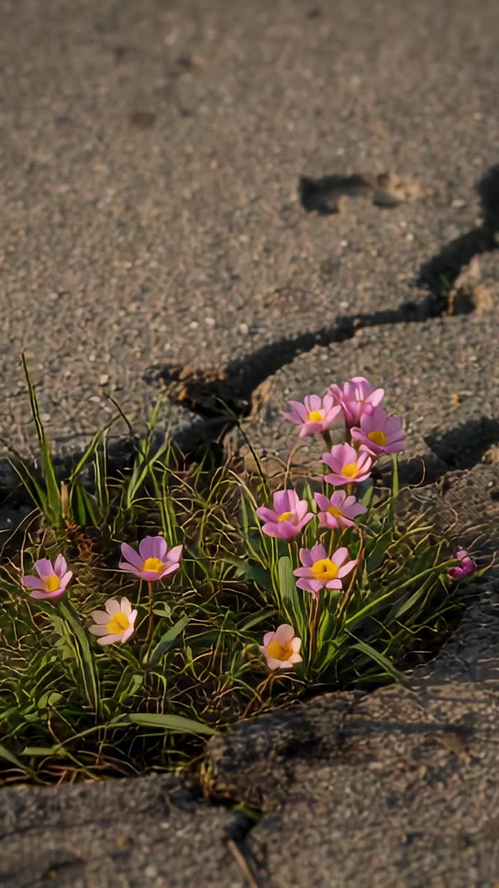 Lodret video: Bevægeligt kamera afslører lyserøde, bleg gule blomster, der svajer fra revnet fortovsjord