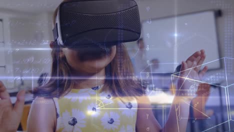 Animation-of-math-formulas-and-graphs-over-caucasian-girl-in-vr-headset-in-classroom