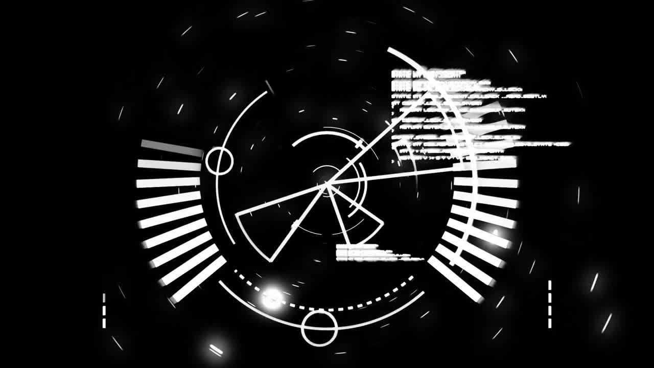 animación del ámbito circular blanco y la información de la interfaz digital sobre fondo negro