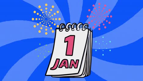 animation of 1 jan text on calendar with blue stripes spinning background