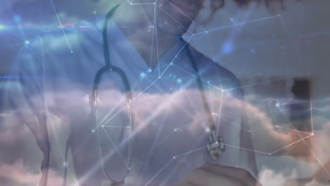 doctor analyzing digital network over cloudscape, showing health tech nodes connecting insights