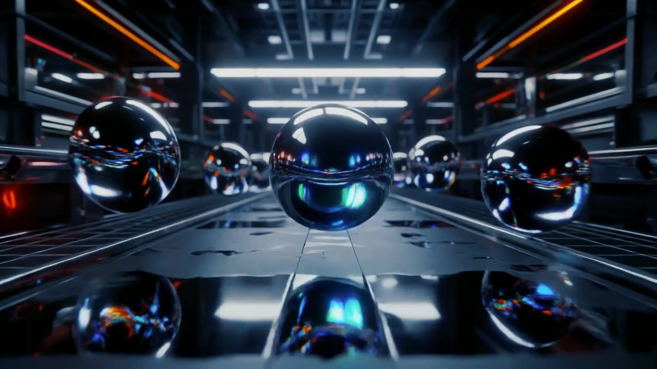 Chrome Spheres Moving Along a Futuristic Industrial Conveyor Belt