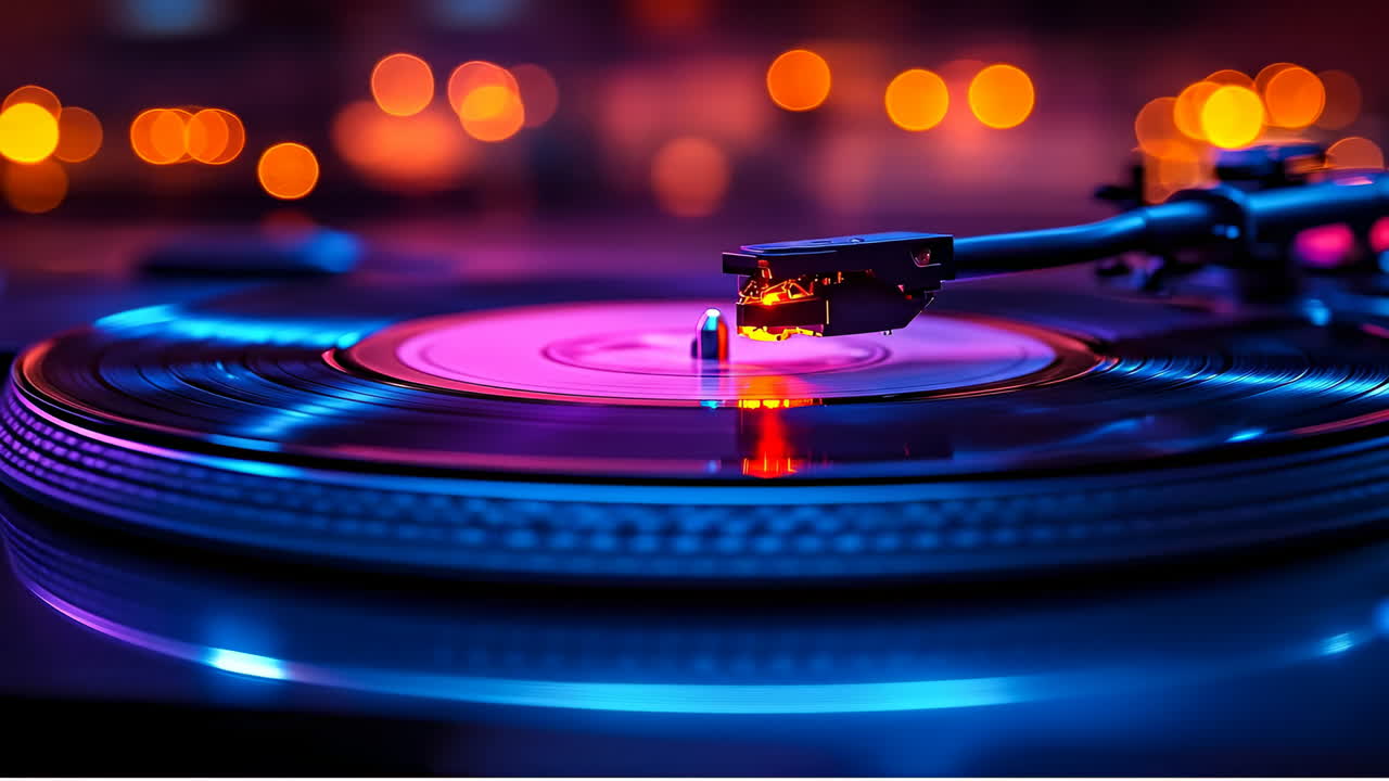 Colorful lights and vinyl music. A turntable spins a vinyl record while vibrant lights create a lively atmosphere at a nighttime gathering
