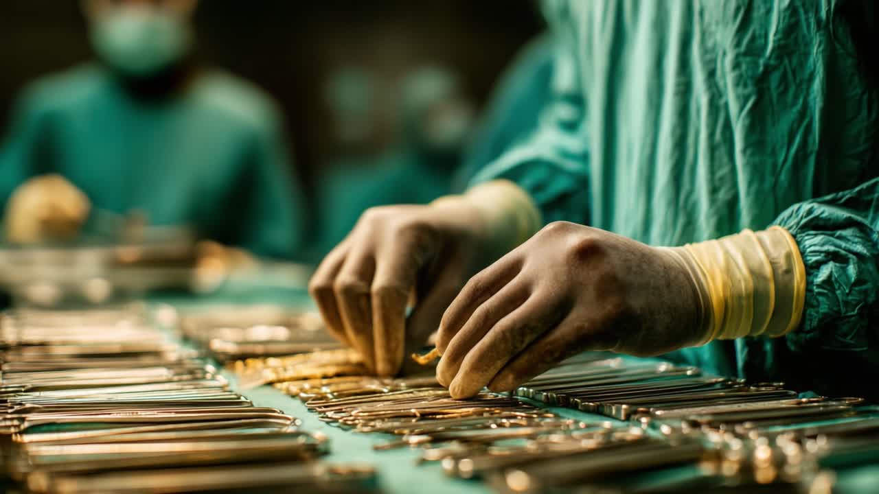 A focused healthcare professional meticulously organizes surgical instruments on a sterile table, ensuring precision and readiness for an upcoming procedure
