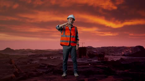 construction worker at a quarry at sunset
