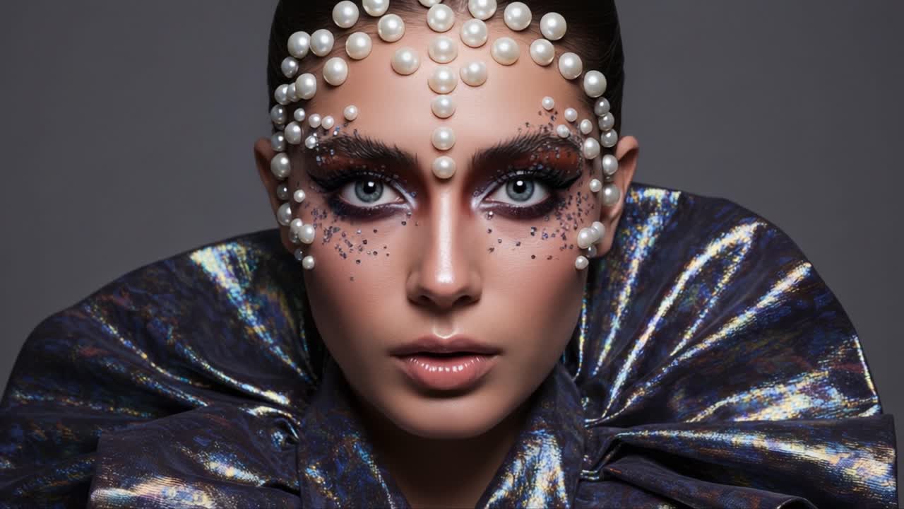 Stunning Transformation: A Close-Up Look at an Avant-Garde Makeup Concept, Featuring Pearls and Sparkles that Create a Dazzling Artistic Statement