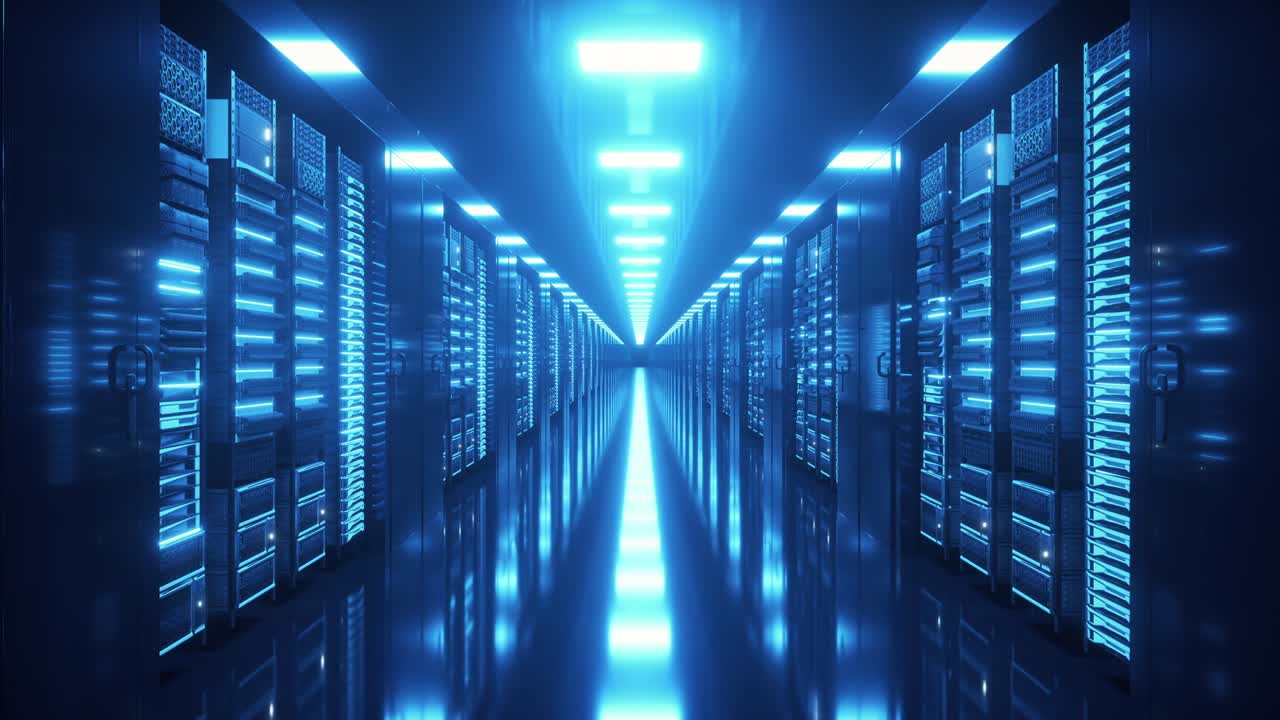 centro de datos con servidores sin fin. servidores de red e información detrás de paneles de vidrio. almacenamiento de datos de computación en la nube. animación de bucle de alta calidad 4k