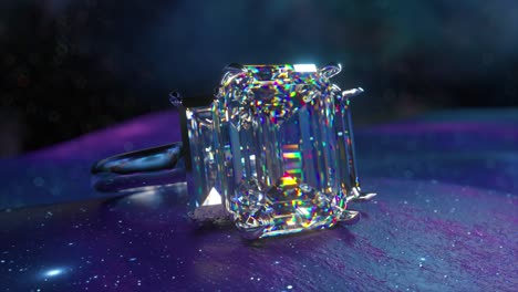 un primer plano de un anillo de diamante de esmeralda brillante