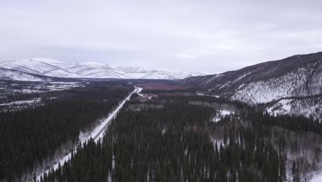 Alaska-Landscape-Wide-Aerial-Shot,-Chena-Hot-Springs-Road,-February,-Wintertime