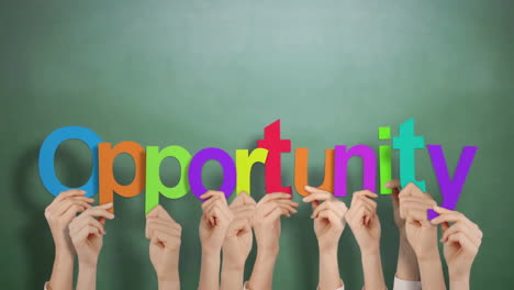 animation of hands holding opportunity text on green background