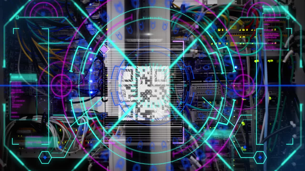 컴퓨터 서버의 클로즈업에 대한 둥근 네온 스캐너 위에 qr 코드 스캐너의 디지털 애니메이션