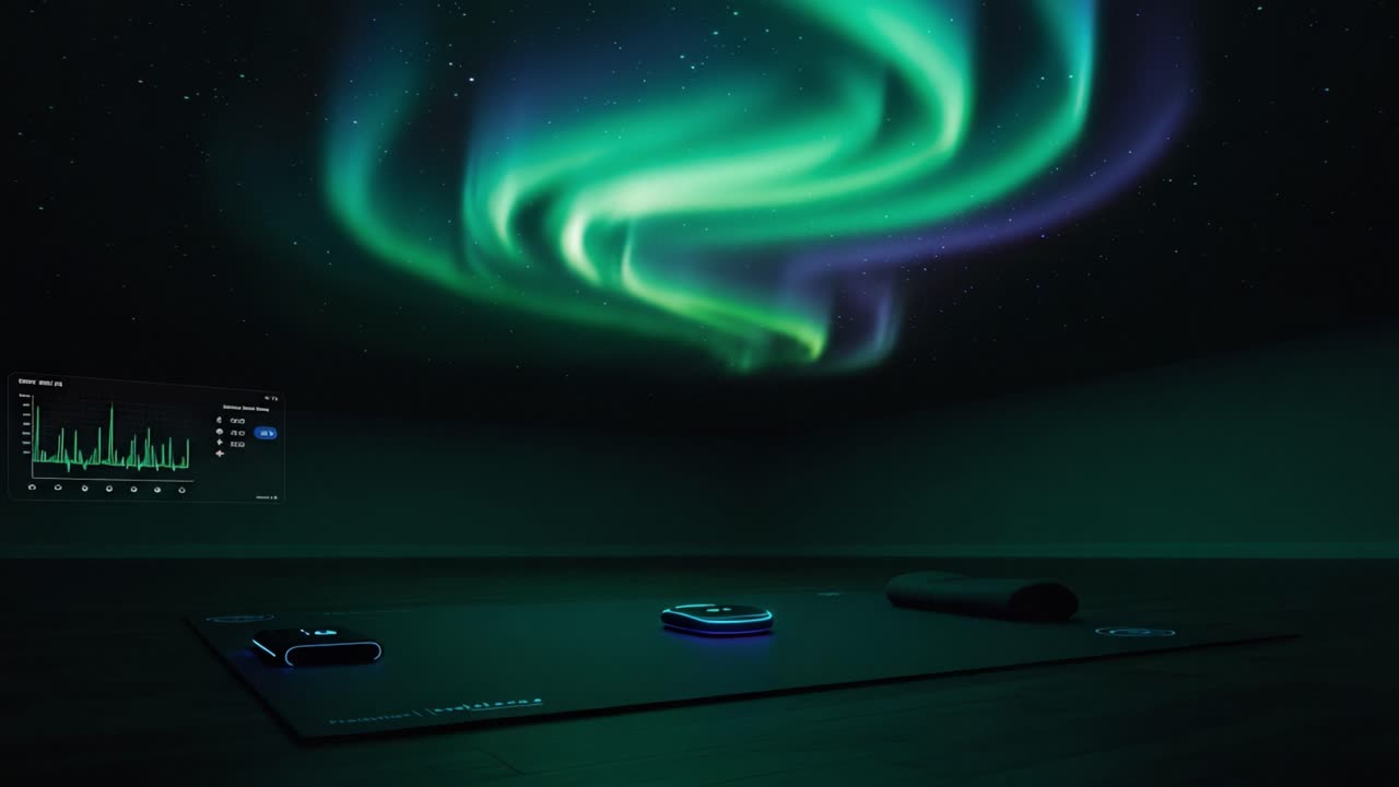 A Serene Indoor Space Enhanced by a Breathtaking Northern Lights Projection, Featuring a Yoga Mat and Modern Technology for a Calming Experience