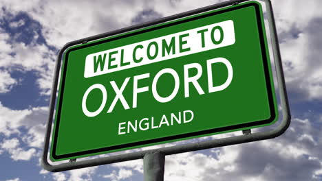 Bienvenido-A-Oxford,-Inglaterra,-Señal-De-Tráfico-De-La-Ciudad-Del-Reino-Unido,-Animación-Realista-En-3D