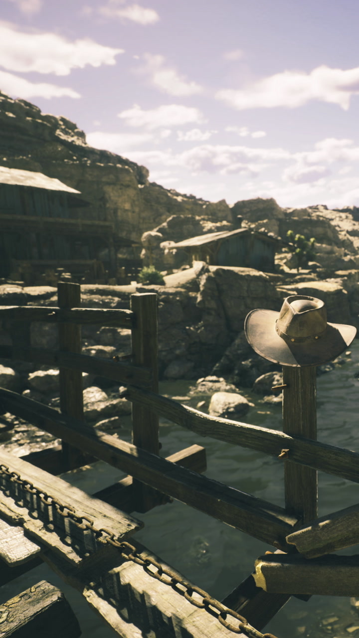 Old western scene by the river with a rustic wooden structure and a cowboy hat