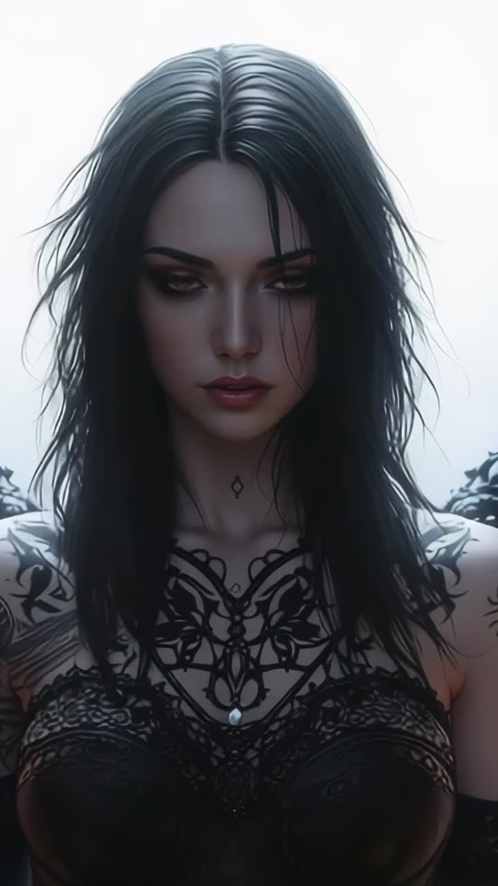 Vertical video: Lighting shifting woman bathing lace top in studio red wash dramatising tattoos