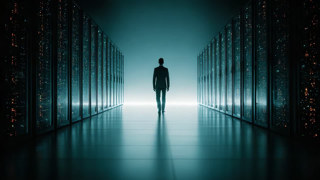 A solitary figure stands in a futuristic data center, flanked by rows of illuminated servers, showcasing the immense scale and technological advancement in data storage