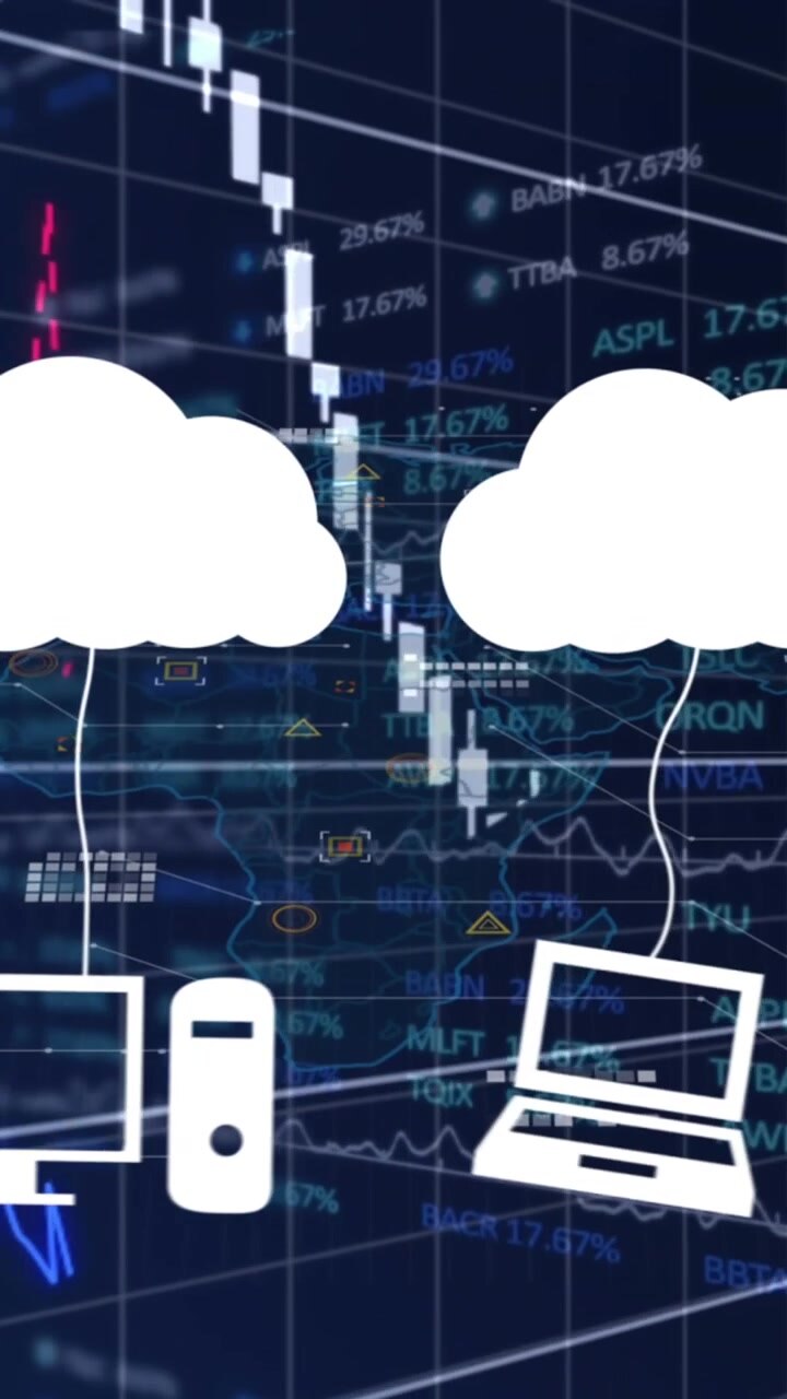 Animation of clouds with icons over data processing on black background
