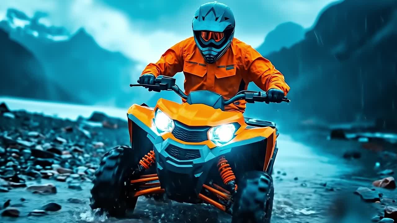 A man riding an orange quad bike through a puddle of water