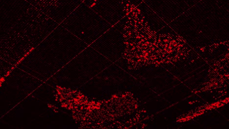 Digital background with world map formed by dots and blinking cells, technology presentation concept. Animation. Red flowing continents on black background, seamless loop