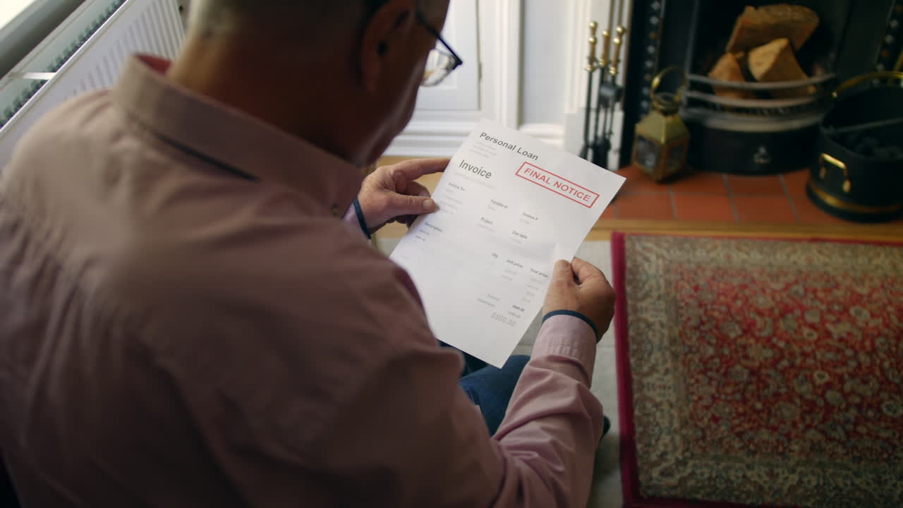 un anciano solitario abriendo una carta de deuda