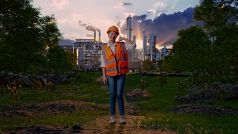 full body of asian female engineer with safety helmet smiling to camera and making call me gesture while standing in front of oil refinery