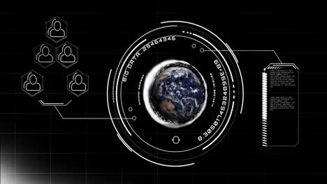 animación del globo con iconos y procesamiento de datos sobre fondo negro
