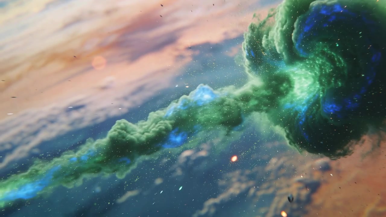 Camera tracking green plume swirling and streaming left across sunset sky, showing blue pockets