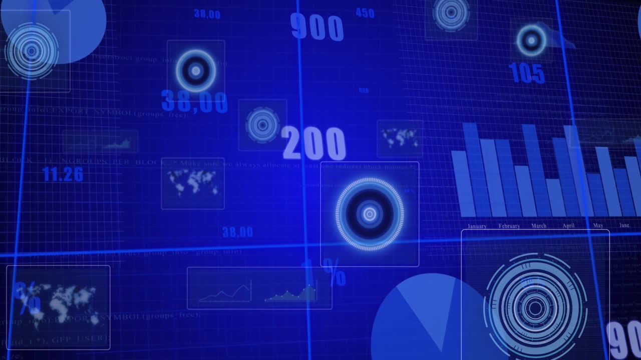 Analytics dashboard showing glowing HUD rings, numeric readouts, bar graph and pie chart on grid