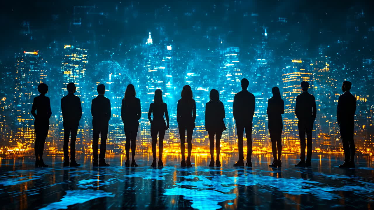 Silhouettes of business people looking at glowing digital city skyline. Group of people standing on reflective surface facing illuminated futuristic metropolis at night