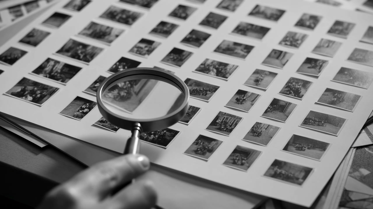 Closeup Magnifier Over Vintage Slide Contact Sheet, Hands Holding Loupe To Inspect Film Negatives On Desk,
