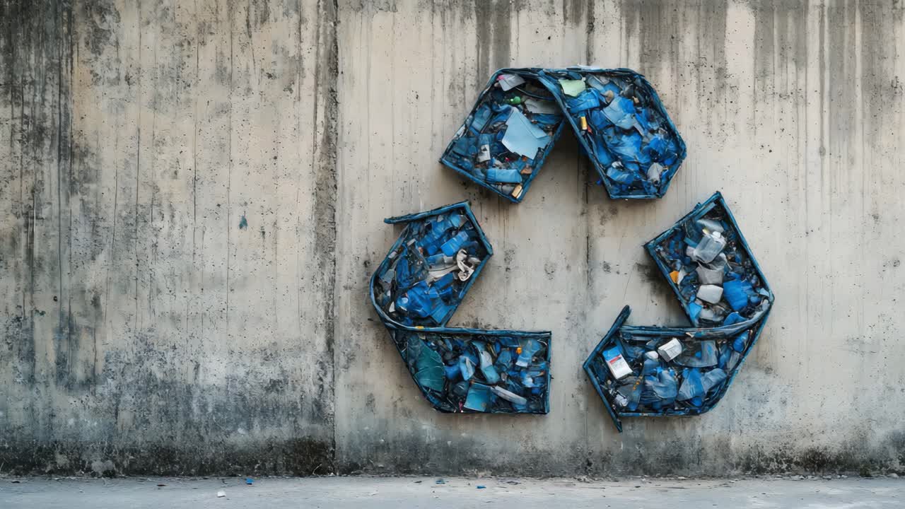 Recycled Materials Forming a Recycling Symbol on a Wall