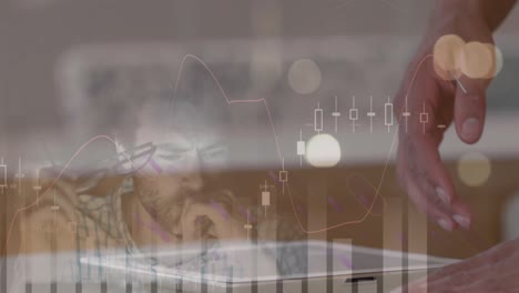 animación de estadísticas y procesamiento de datos financieros sobre un empresario que usa una tableta