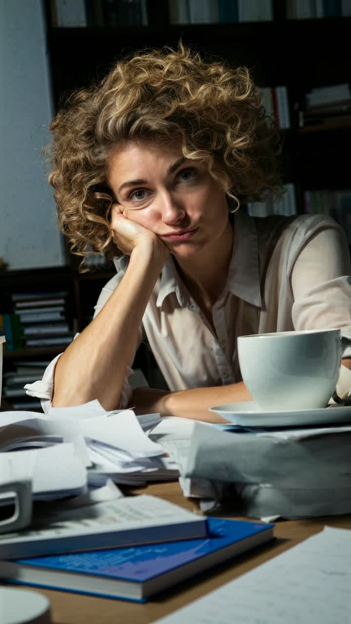 A woman with curly hair sits at a desk with a coffee cup, looking thoughtful