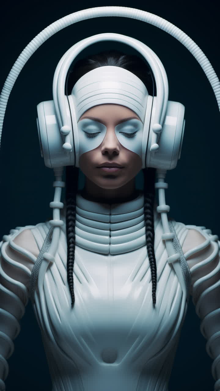 porcelain female statue dolls with audio speakers and headphones made with AI