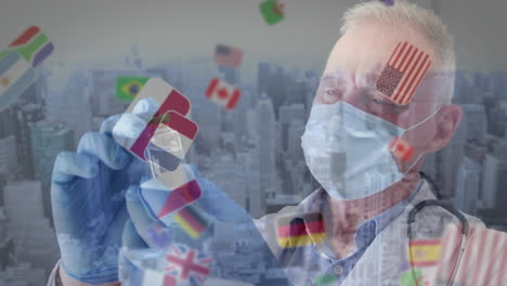animación de iconos de banderas de países sobre un médico senior caucásico que sostiene una vacuna contra la covid-19.