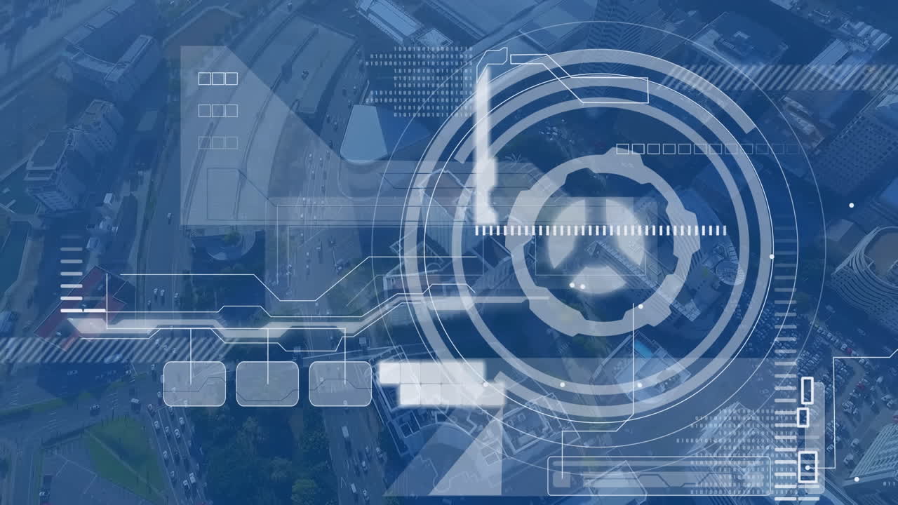 도시 풍경 위의 범위 스캐닝과 데이터 처리 애니메이션