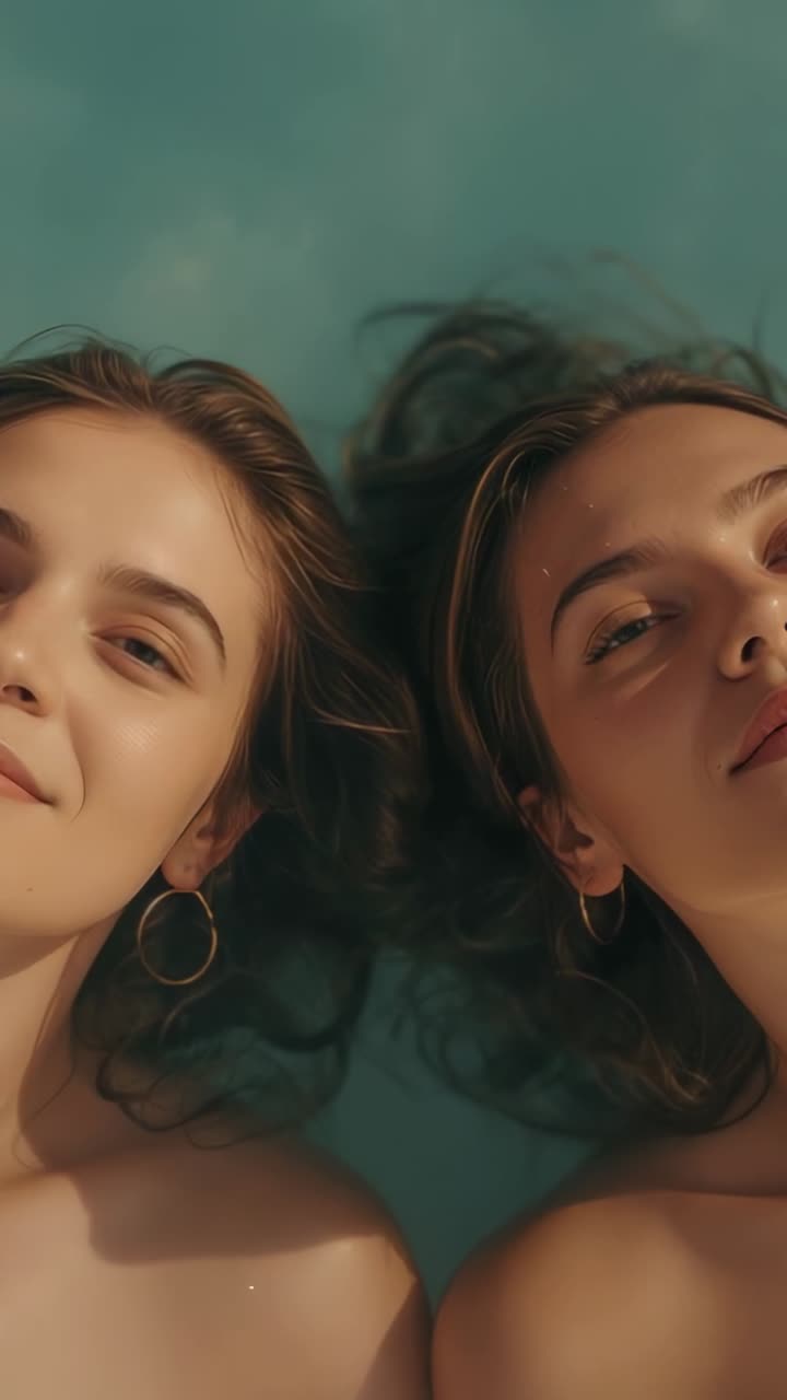 Video verticale: due donne a galla in top senza spalline con cerchi in una piscina color teal, il sole che fa chiudere gli occhi