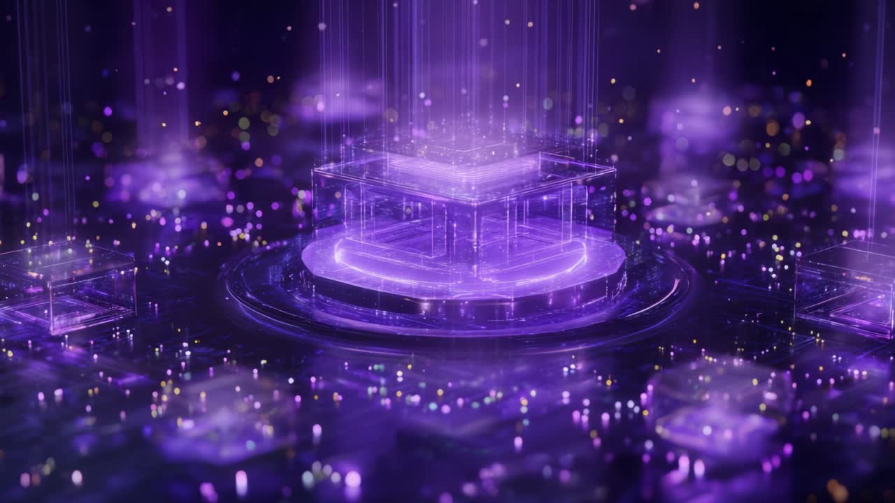 Luminous purple data streams flowing into a central processing unit, representing advanced computing, artificial intelligence, and futuristic technology in a dynamic, seamless loop animation