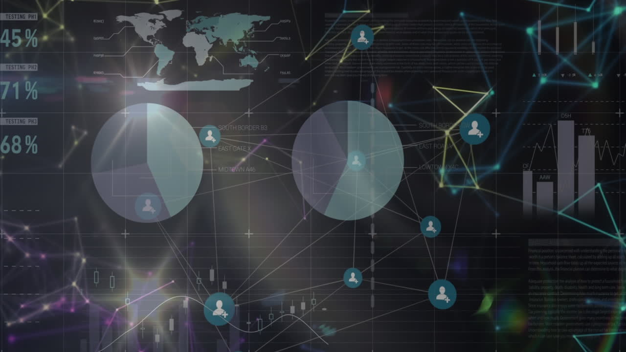 Animation of network of connections and statistical data processing against black background