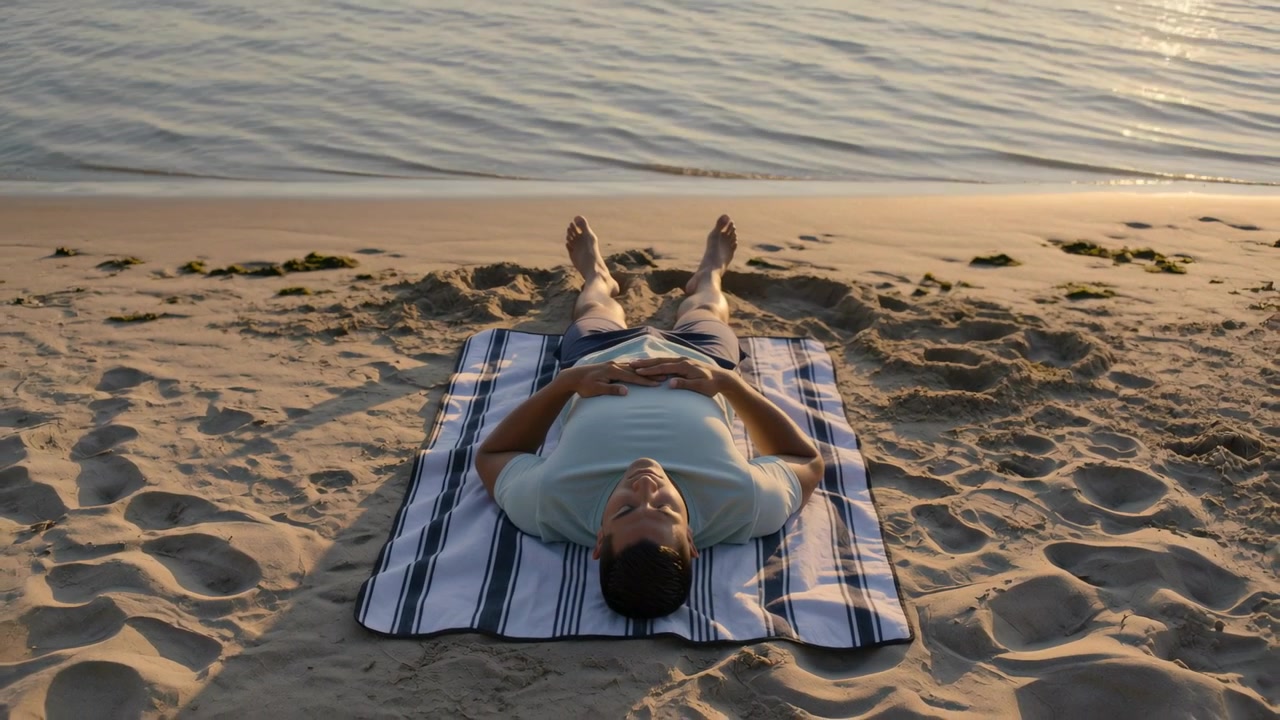 Lying man resting on striped blanket in light shirt, shorts at beach edge, camera pulling back