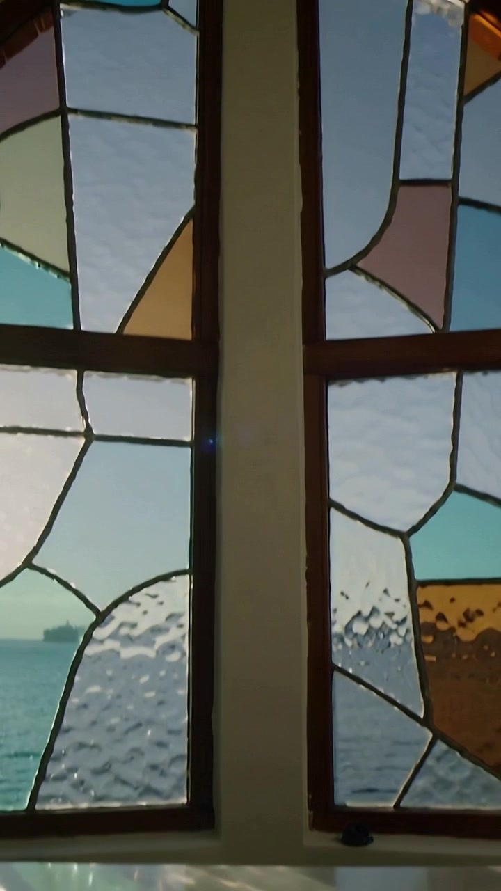 Vertical video: Tilting camera revealing stained-glass window and mullion in seaside room with ship