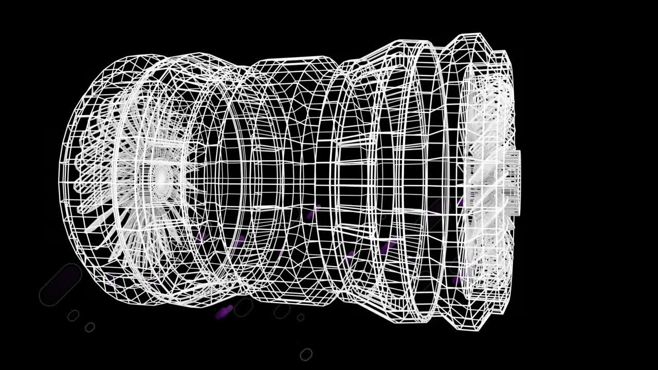 анимация фиолетовых световых следов и 3d-рисунок двигателя на черном фоне
