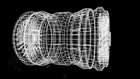 animación de rastros de luz púrpura y dibujo 3d del motor sobre fondo negro